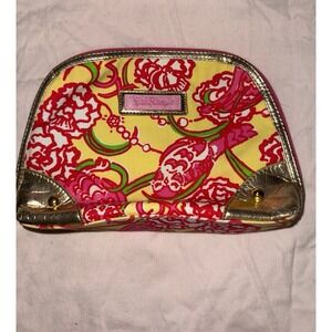 Lilly Pulitzer cosmetics makeup chi omega yellowpink floral zipper‎ bag